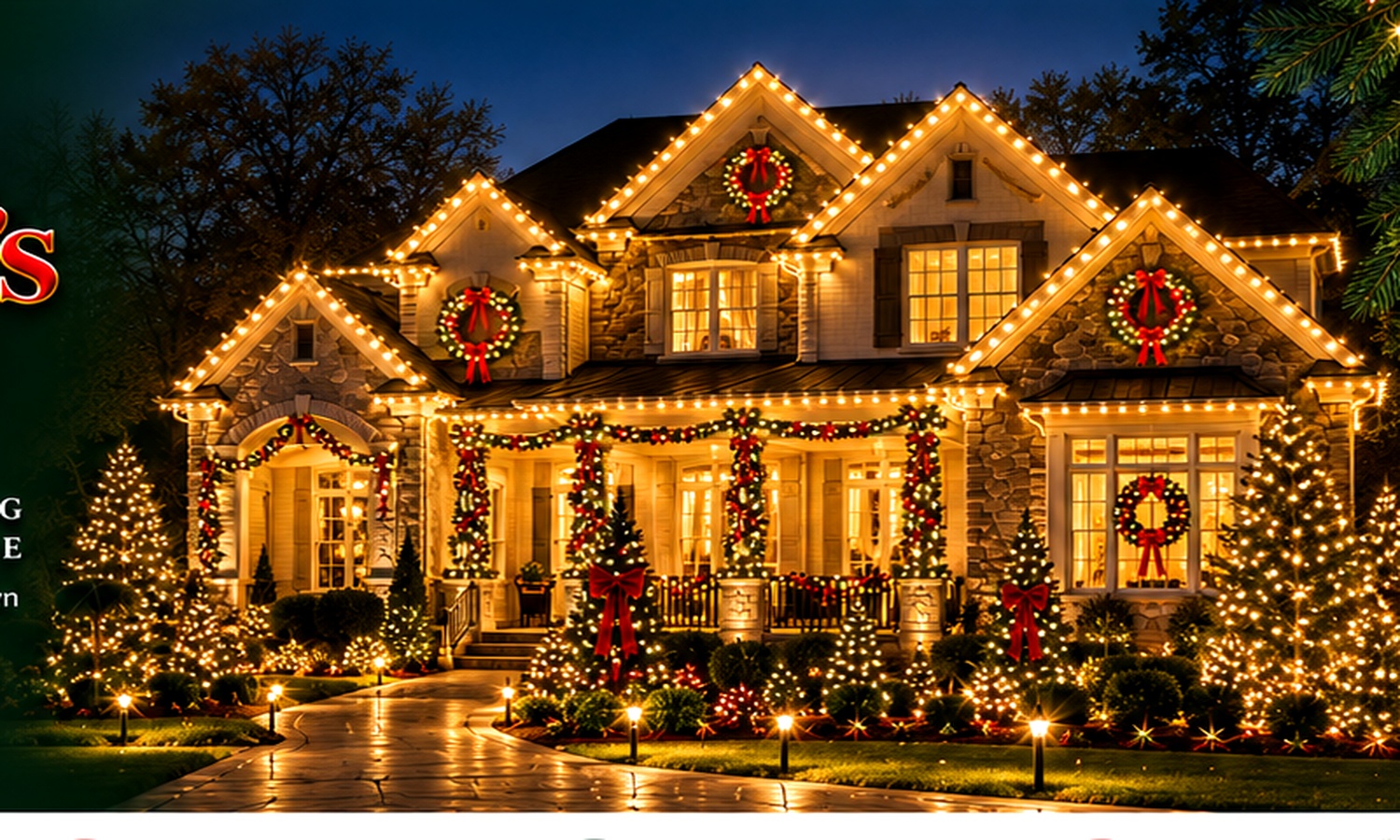 A brightly lit home decorated for Christmas